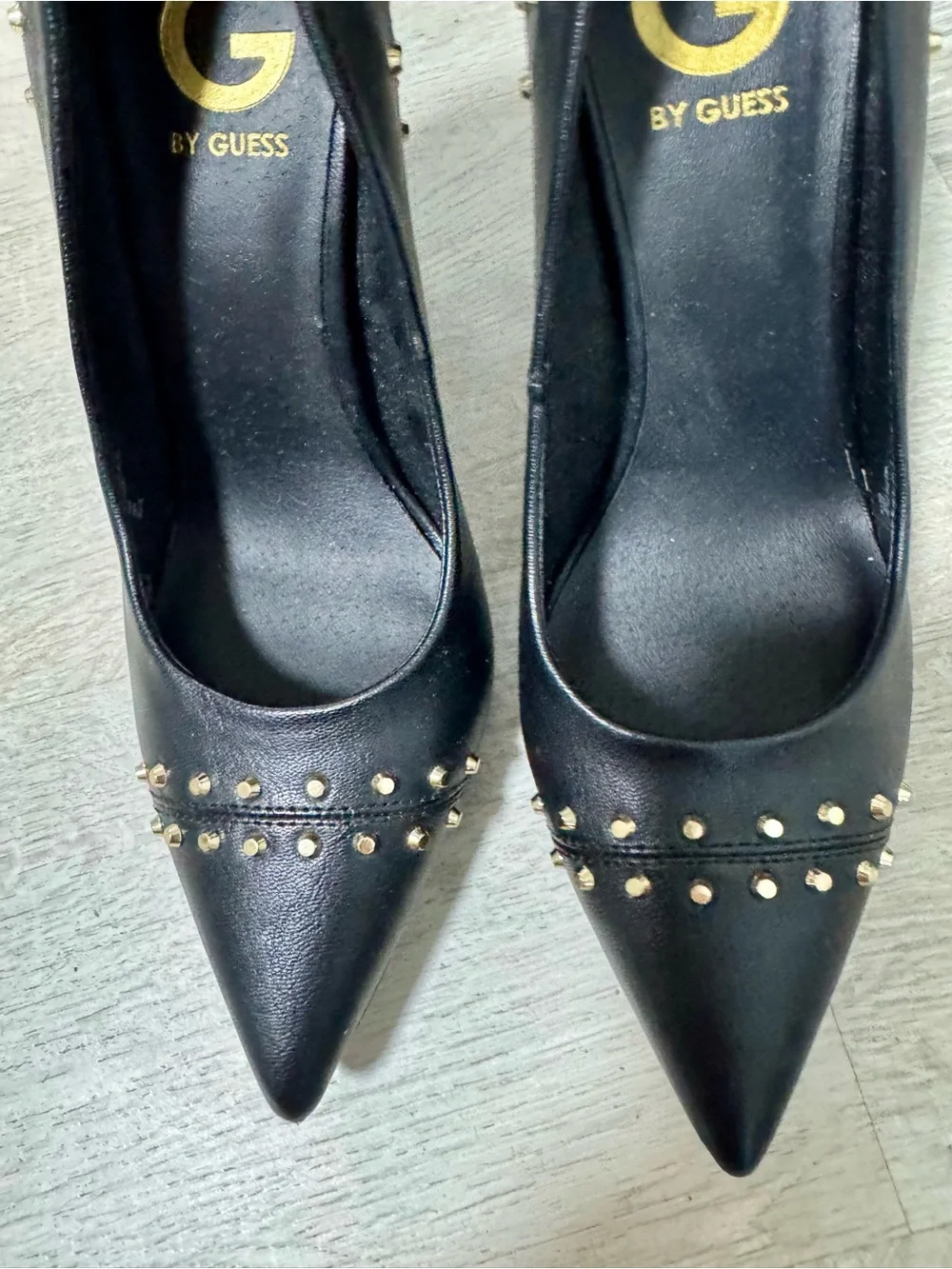 G by Guess Black Pointed-Toe Heels with Gold Studs